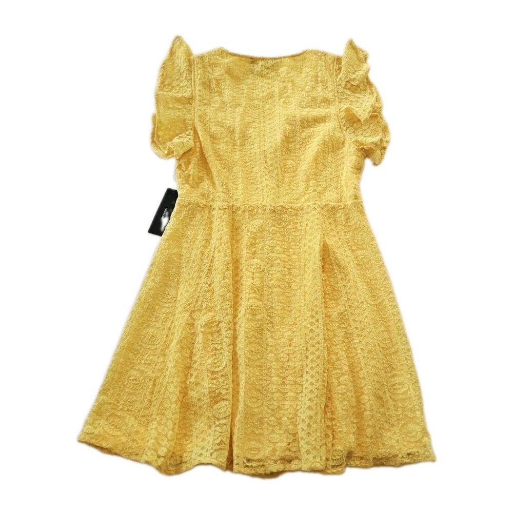 Lulus Womens Athena yellow lace skater button down Mini Dress embroidery Size M - Picture 6 of 9